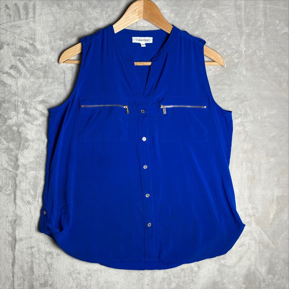 Calvin Klein Womens Royal Blue Sleeveless Utility Blouse PM Zipper Pockets